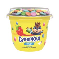 Йогурт для пит. Детей обог. кальцием и вит. Д, мас. дол. ж. 2,0 %с фрукт. наполнителем Клубника и конфеты пп/ст 103 г СуперКид