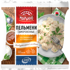 Полуфабрикат в тесте с начинкой мясной замороженный. Пельмени Марьино со свининой и говядиной