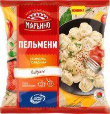 Полуфабрикат в тесте с начинкой мясной замороженный. Пельмени Марьино острые со свининой и говядиной